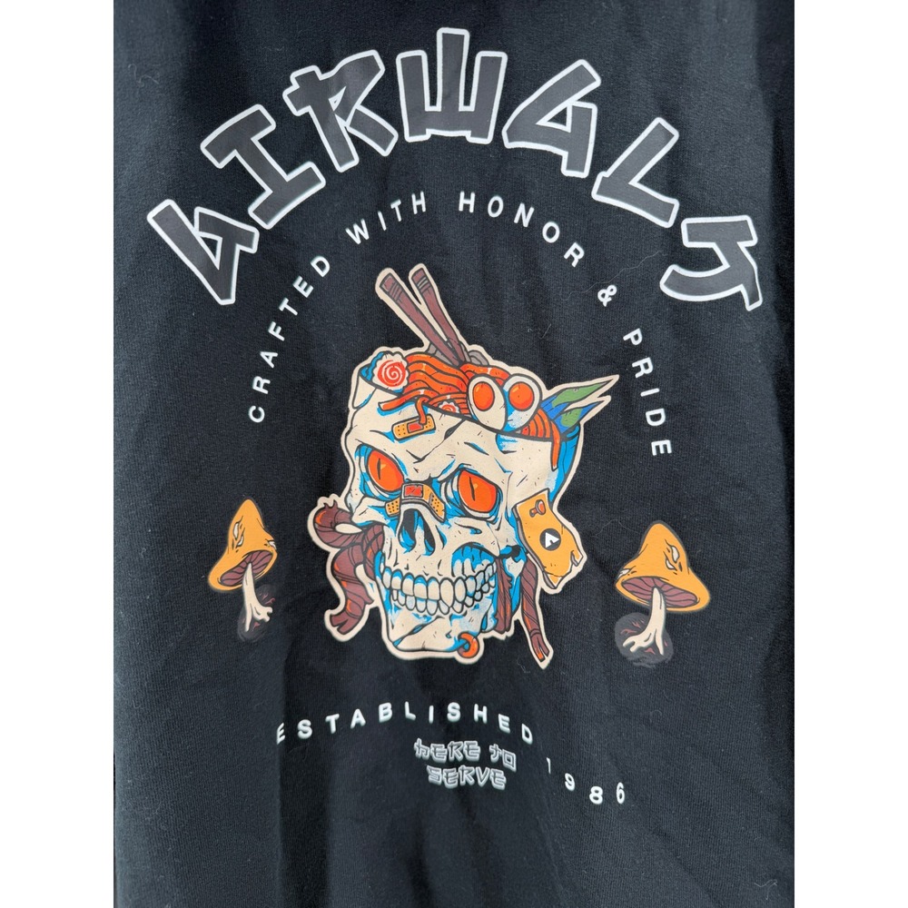 Airwalk Mens Black Graphic Hoodie Skull Ramen Mushroom Sweatshirt‎ Large